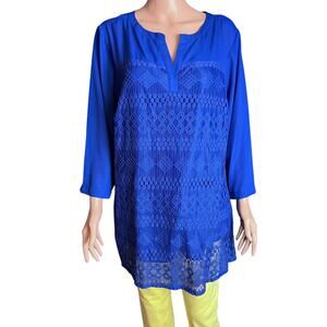 Zac & Rachel Woman New With Tags Crepe & Lace Blouse Cobalt Blue Preppy Work 2X